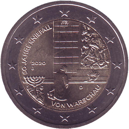 Монета 2 евро. 2020 год, Германия. 50 лет Коленопреклонению в Варшаве.