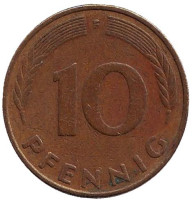 Дубовые листья. Монета 10 пфеннигов. 1976 год (F), ФРГ.