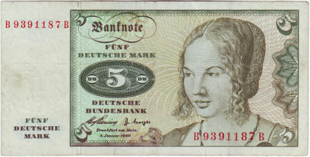 Банкнота 5 марок. 1960 год, ФРГ. Портрет молодой венецианки. Ветка дуба.