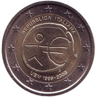 10 лет Экономическому и валютному союзу. Монета 2 евро, 2009 год, Италия.