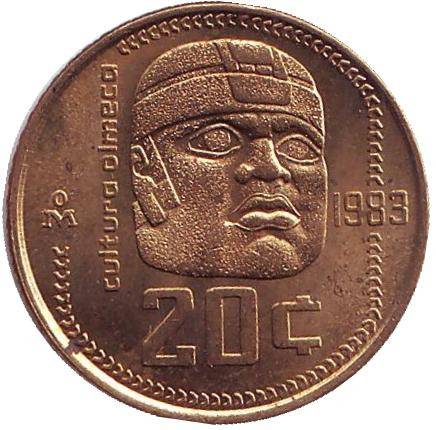 Монета 20 сентаво. 1983 год, Мексика. aUNC. Ольмекская культура.
