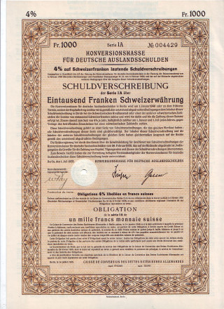 Кассовый конверсионный знак 1000 франков. Конверсионная Касса Управления по немецким долгам за границей. Берлин, 1935 год, Третий рейх.