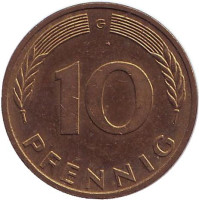 Дубовые листья. Монета 10 пфеннигов. 1985 год (G), ФРГ.