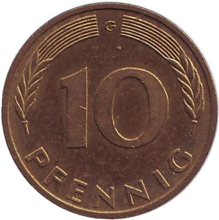 Монета 10 пфеннигов. 1985 год (G), ФРГ. Дубовые листья.