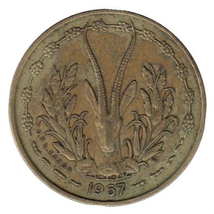 Монета 5 франков. 1967 год, Западные Африканские Штаты.