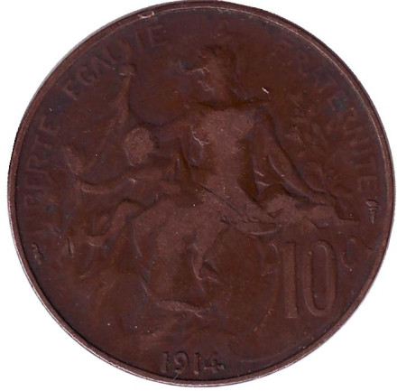 Монета 10 сантимов. 1914 год, Франция.