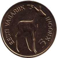 Косуля. 75 лет Эстонской республике. Монета 5 крон, 1993 год, Эстония. Без отметки "M"