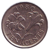 Монета 10 центов. 1980 год, Бермудские острова. Бермудская лилия. Монета 10 центов. 1980 год, Бермудские острова. Бермудская лилия.