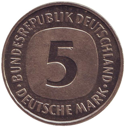 Монета 5 марок. 1977 год (J), ФРГ. UNC.