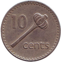 Метательная дубинка - ула тава тава. Монета 10 центов. 1975 год, Фиджи.