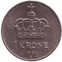 Корона. Монета 1 крона. 1990 год, Норвегия.