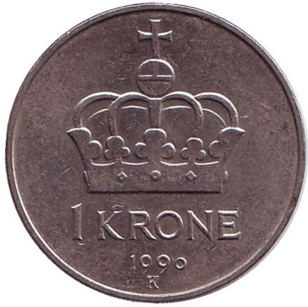 Монета 1 крона. 1990 год, Норвегия. Корона.