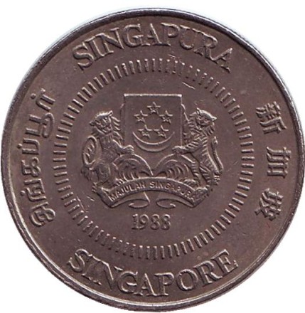 Монета 50 центов. 1988 год, Сингапур. Алламанда. Монета 50 центов. 1988 год, Сингапур. Алламанда.