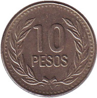 Монета 10 песо, 1992 год, Колумбия. Монета 10 песо, 1992 год, Колумбия.