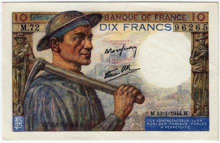 Банкнота 10 франков. 1944 год, Франция. Горняк.