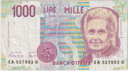 Банкнота 1000 лир. Дети в классе. 1990 год, Италия. P-114а.