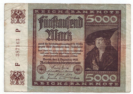Ганс Имхофф. Рейхсбанкнота 5000 марок. 1922 год, Веймарская республика.