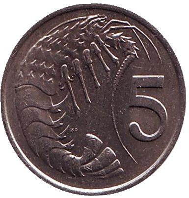 Монета 5 центов. 1987 год, Каймановы острова. Розово-пятнистая креветка.