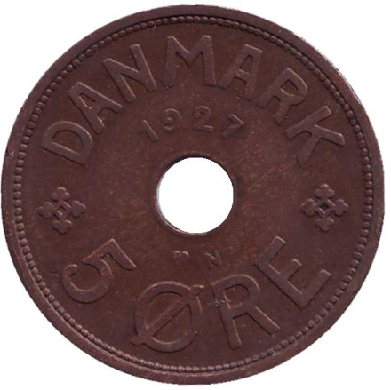 Монета 5 эре. 1927 год (N), Дания.