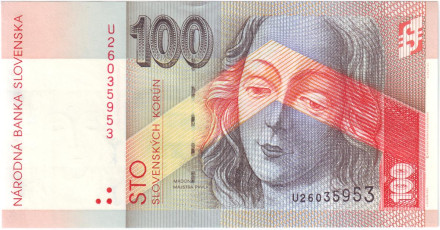 Банкнота 100 крон. 2001 год, Словакия. Мадонна в церкви Святого Иакова в Левоке.