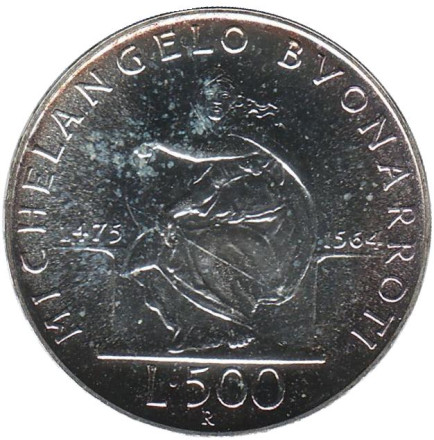 Монета 500 лир. 1975 год, Италия. 500 лет со дня рождения Микеланджело Буонарроти. Монета 500 лир. 1975 год, Италия. 500 лет со дня рождения Микеланджело Буонарроти.