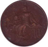 Монета 10 сантимов. 1916 год, Франция. (Отметка монетного двора: "★")