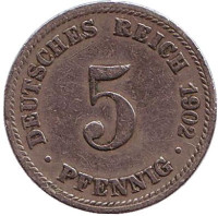 Монета 5 пфеннигов. 1902 год (D), Германская империя.