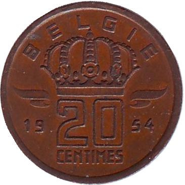 Монета 20 сантимов. 1954 год, Бельгия. (Belgie)