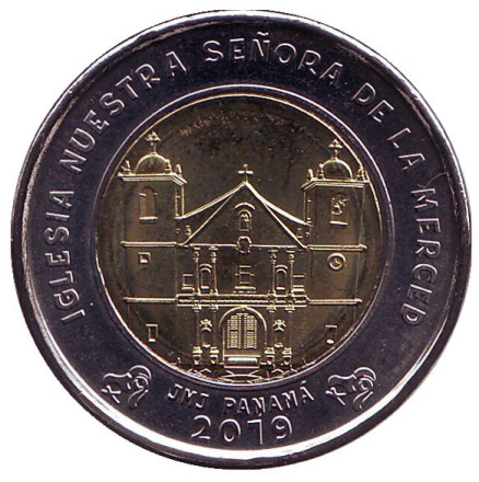 Монета 1 бальбоа. 2019 год, Панама Церковь Богоматери Милосердия.