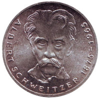100 лет со дня рождения Альберта Швейцера. Монета 5 марок. 1975 год (G), ФРГ.