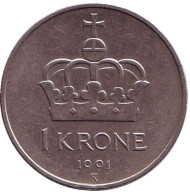 Монета 1 крона. 1991 год, Норвегия. Корона. Монета 1 крона. 1991 год, Норвегия. Корона.