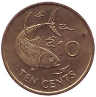 Желтопёрый тунец. Монета 10 центов. 2007 год, Сейшельские острова. Из обращения.