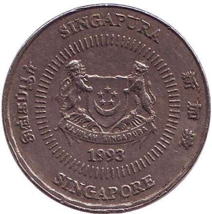 Монета 50 центов. 1993 год, Сингапур. Алламанда. Монета 50 центов. 1993 год, Сингапур. Алламанда.