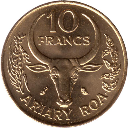 Монета 10 франков. 1989 год, Мадагаскар. Буйвол. Стручки ванили. UNC.