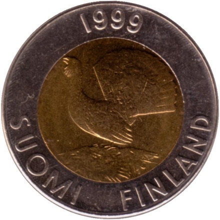 Монета 10 марок. 1999 год, Финляндия. UNC. Глухарь.