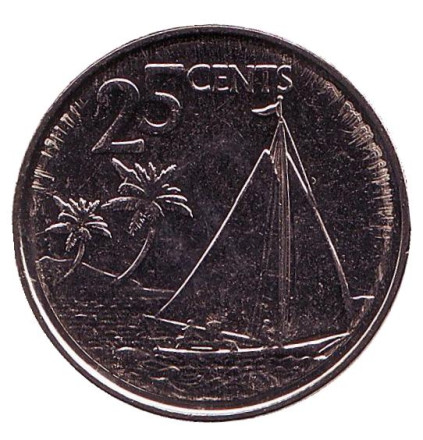 Монета 25 центов. 2015 год, Багамские острова. UNC. Парусник.