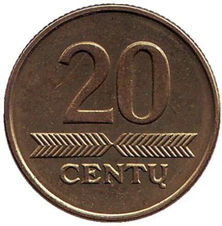 Монета 20 центов. 1999 год, Литва. Из обращения.