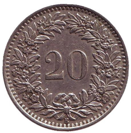 Монета 20 раппенов. 1954 год, Швейцария.