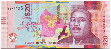 Банкнота 20 долларов. 2018 год, Багамские острова. Сидни Пуатье.