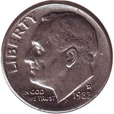 Монета 10 центов. 1982 (D) год, США. Рузвельт.