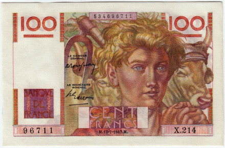 Банкнота 100 франков. 1947 год, Франция. Пресс. Крестьянин.