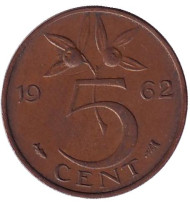 Монета 5 центов. 1962 год, Нидерланды. Монета 5 центов. 1962 год, Нидерланды.