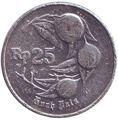 Монета 25 рупий. 1993 год, Индонезия. Мускатный орех.