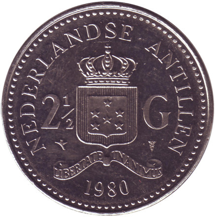 Монета 2,5 гульдена. 1980 год, Нидерландские Антильские острова. Королева Беатрикс.