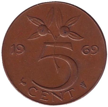 Монета 5 центов. 1969 год, Нидерланды. (петух)