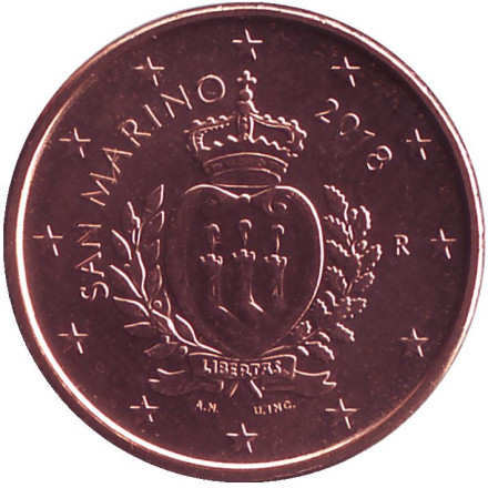 Монета 1 цент, 2018 год, Сан-Марино.