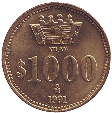 Монета 1000 песо. 1991 год, Мексика. ATLAN.