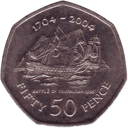 Монета 50 пенсов. 2004 год, Гибралтар. 300-летие захвата Гибралтара в 1704 году. Трафальгарское сражение.
