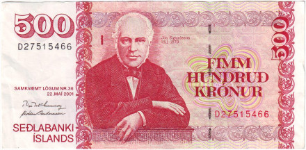 Банкнота 500 крон. 2001 год, Исландия. Йоун Сигурдссон.