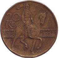Монета 20 крон. 2000 год, Чехия. Всадник (Святой Вацлав). Монета 20 крон. 2000 год, Чехия. Всадник (Святой Вацлав).